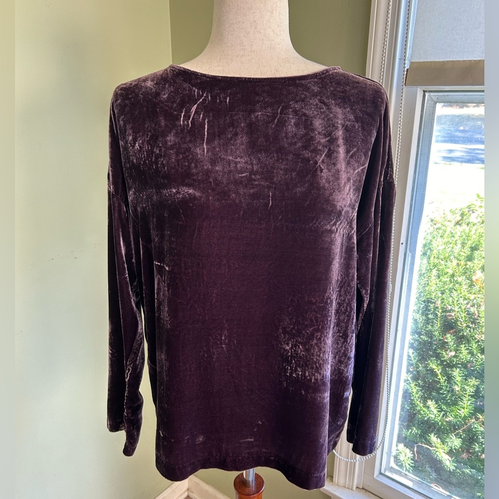 J.Jill fig/purple velvet long sleeve top. Size XS. Rayon/silk blend. Relaxed cut